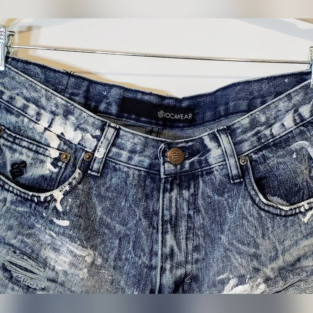 Rocawear Distressed Fading Paint Splattered Denim Blue Jean Shorts Size …